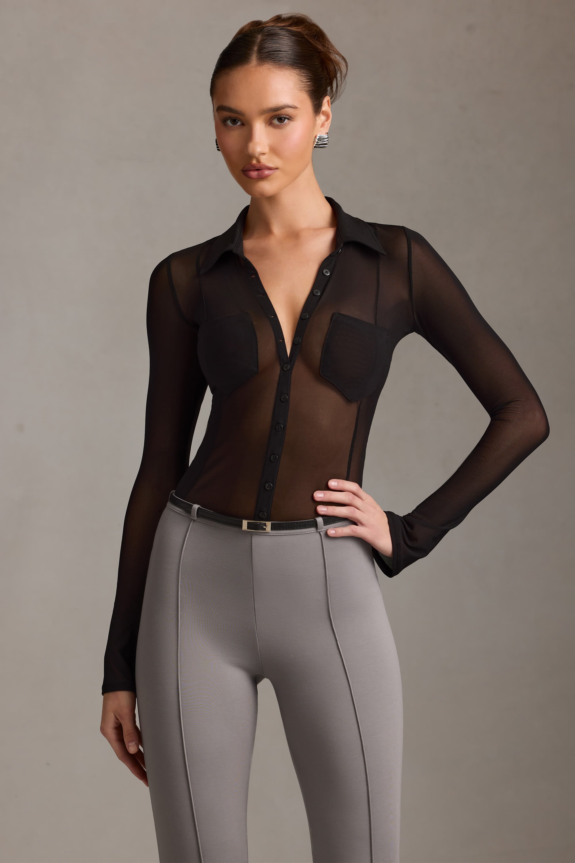 Sheer Long-Sleeve Shirt in Black