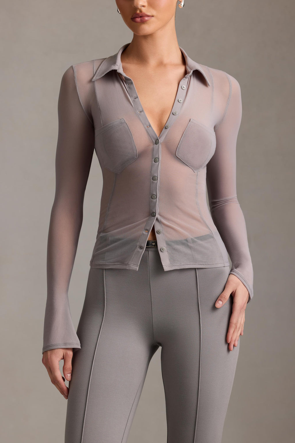 Sheer Long-Sleeve Shirt in Grey